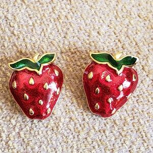 Red Enamel Strawberry Stud Earrings with Green Leaf Accents